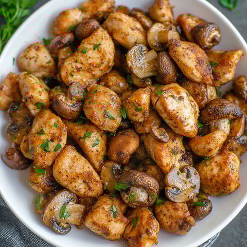 A bowl of Cajun chicken mushroom bites.
