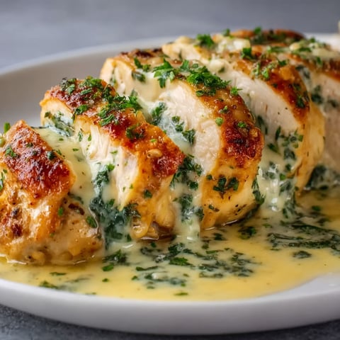 A plate of chicken with a creamy herb sauce.