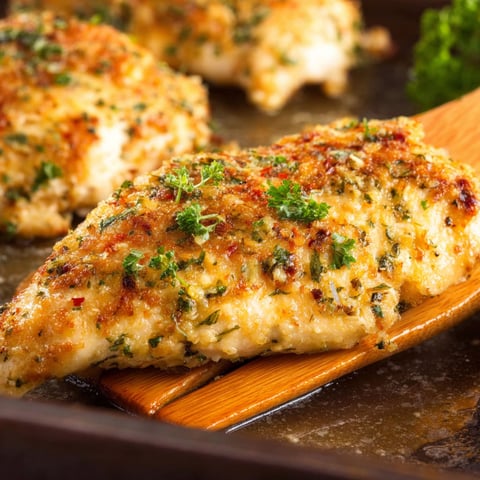 Baked garlic parmesan chicken on a wooden spatula.