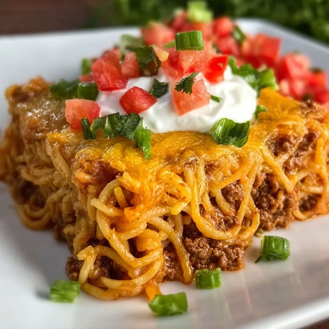 A plate of food with a cheesy taco spaghetti casserole.