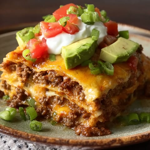A plate of food with a cheesy taco lasagna dinner.