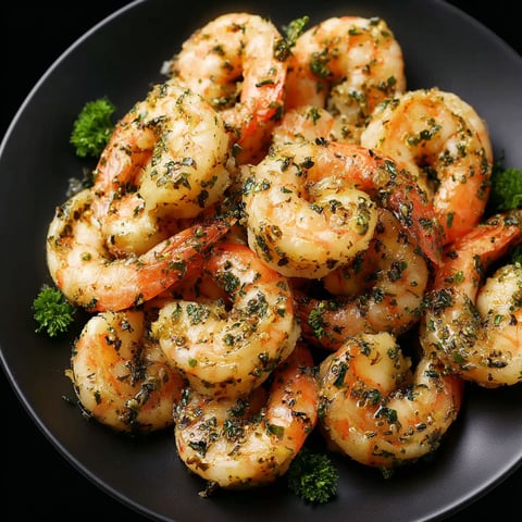 A plate of shrimp with garlic herb seasoning.