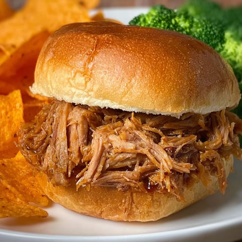 A sandwich with pulled pork on a bun.