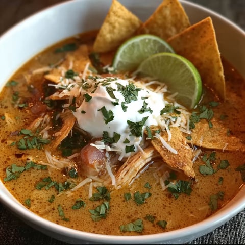 A bowl of chicken tortilla soup with chips on top.