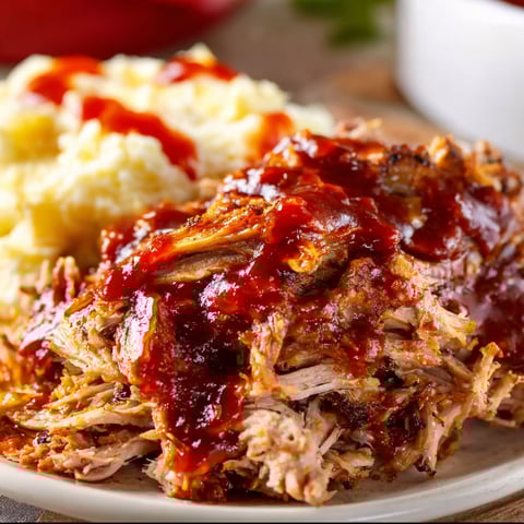 A plate of oven roasted pulled pork with barbecue sauce.