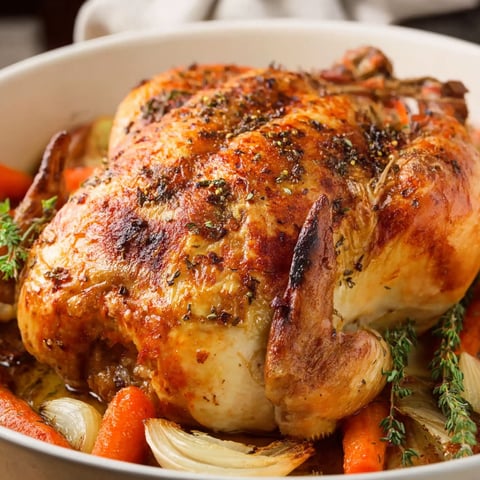 A whole roasted chicken with herbs and spices.