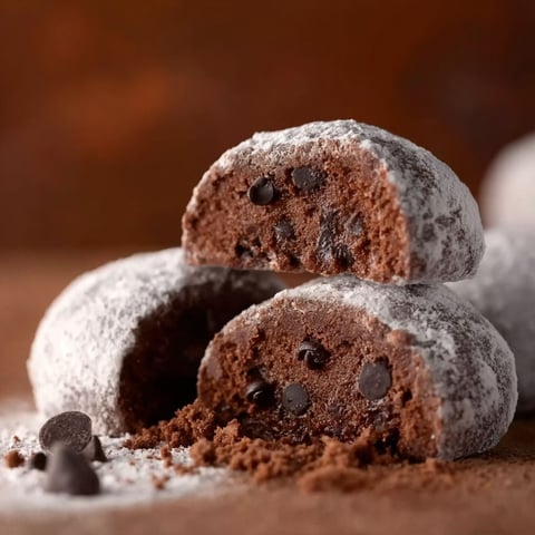 Chocolate snowball cookies on a table.