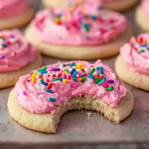 A pink frosted cookie with sprinkles.