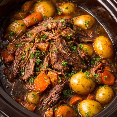 A pot of beef and vegetables in a crock pot.