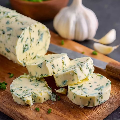 A wooden cutting board with slices of garlic herb butter.