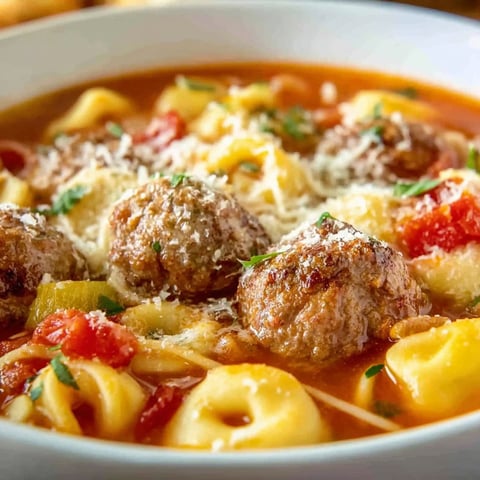 A bowl of meatball and tortellini soup.