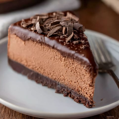 A slice of chocolate cheesecake on a plate.