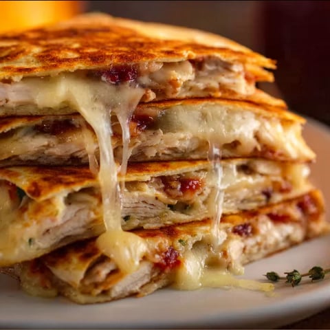 A stack of quesadillas with cheese and meat on a plate.