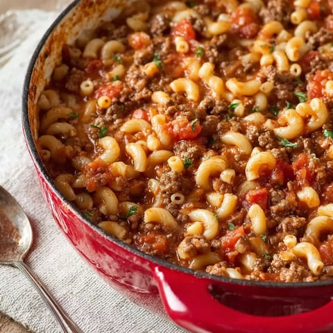 A red pot filled with a hearty meal of macaroni and meat.
