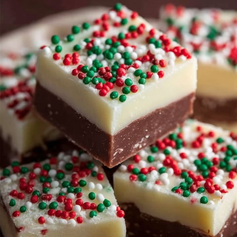 A square of chocolate fudge with white and red sprinkles.