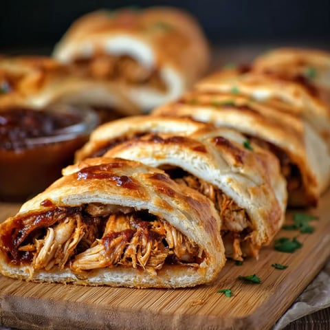 A close up of a barbecue chicken pizza braid.