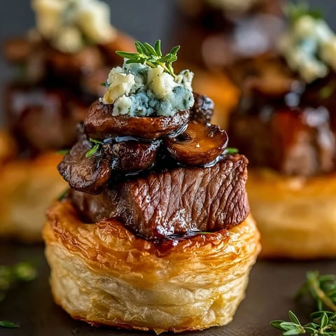 Mini beef wellington bites with blue cheese.