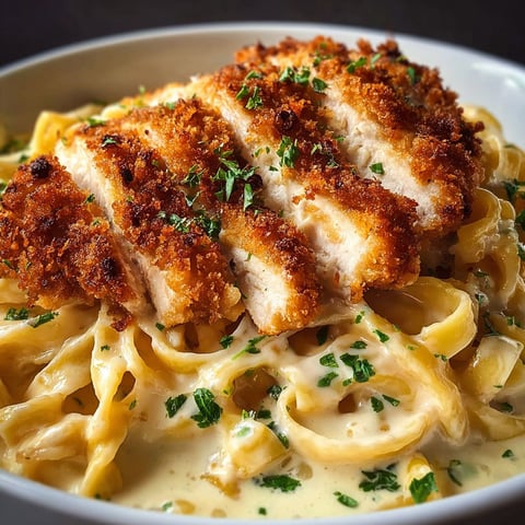 A plate of fettuccine alfredo with chicken.