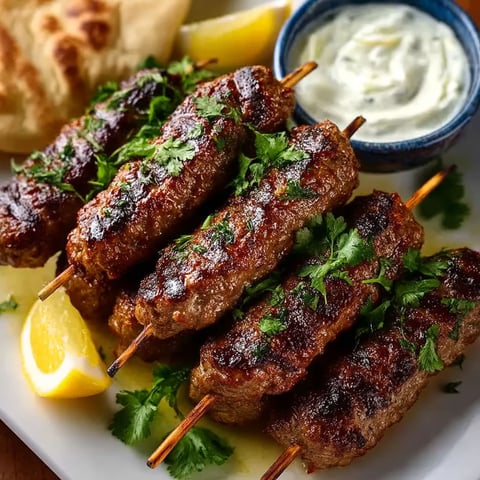 Lamb kofte with yogurt dressing.