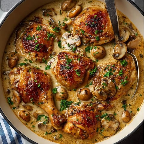 A bowl of chicken fricassee with mushrooms and herbs.