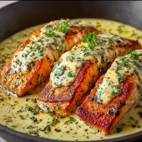 Salmon with herb and garlic cream sauce.