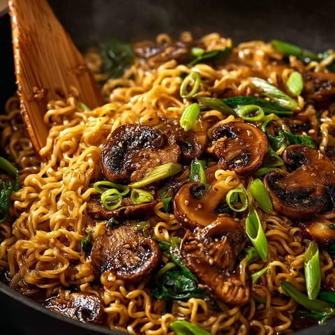 A bowl of Asian mushroom ramen noodles.