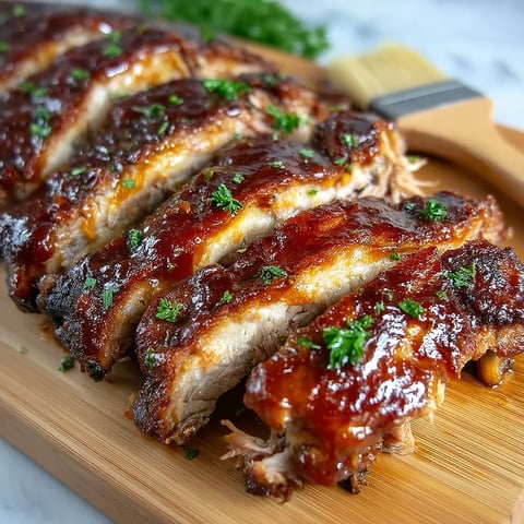 A wooden cutting board with ribs on it.