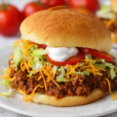 A plate with a sloppy joe sandwich on it.