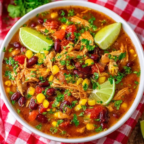 A bowl of chicken enchilada soup with limes and cilantro.