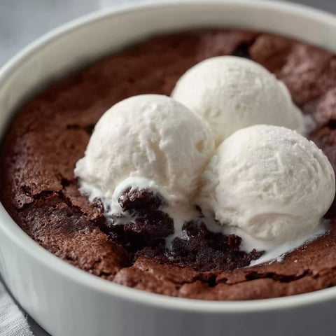 A chocolate dessert with ice cream on top.