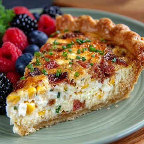 A slice of bacon and corn quiche.