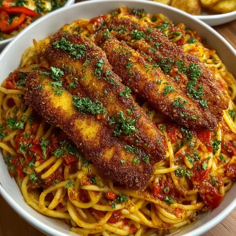 A plate of spaghetti with fish on top.