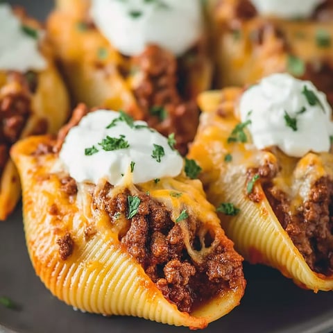 A plate of taco stuffed shells with white cheese on top.