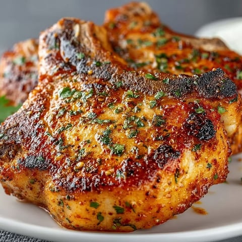 A plate of pork chops with a sauce on it.