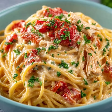 A bowl of spaghetti with chicken and tomatoes.