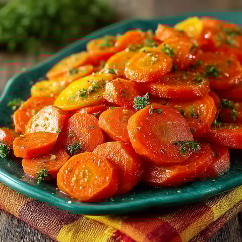A plate of carrots with herbs on top.
