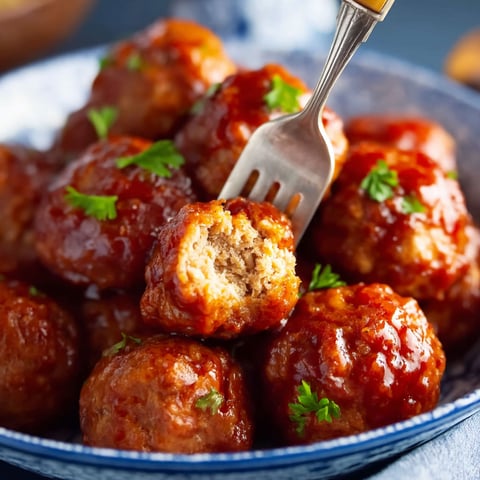 A fork is stuck in a plate of meatballs.