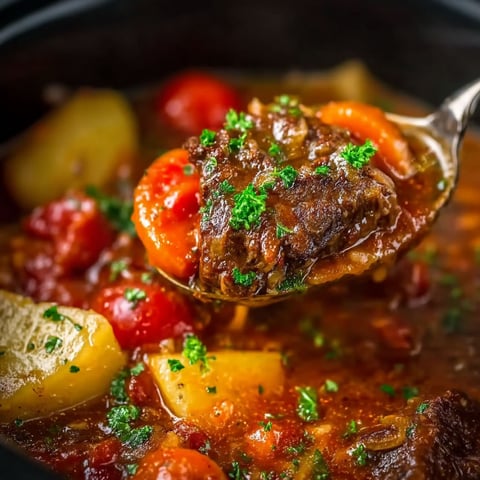 A spoon is in a crock pot with a Swiss steak meal.