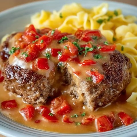 Hamburger steaks with tomato gravy.
