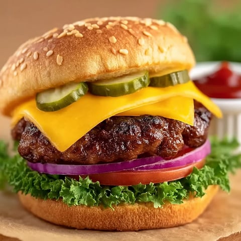 A hamburger with pickles and cheese.