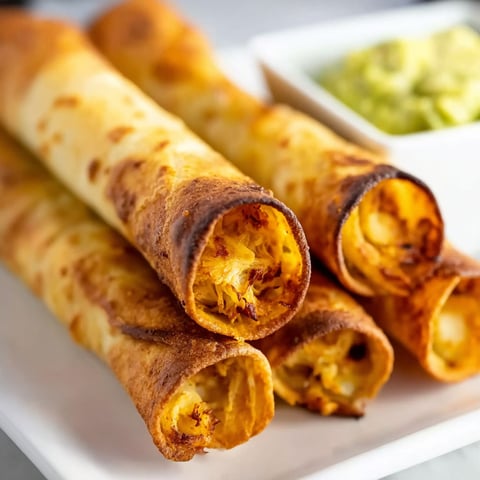 Three baked chicken taquitos on a plate.
