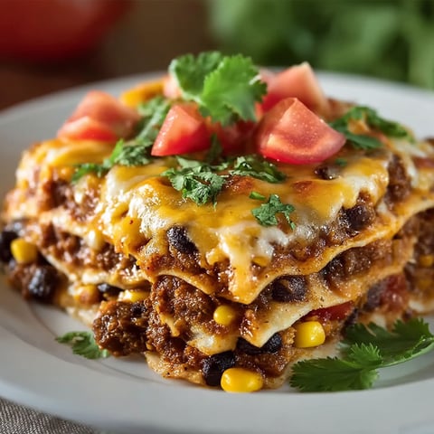 A plate of Mexican lasagna with tomatoes and corn.