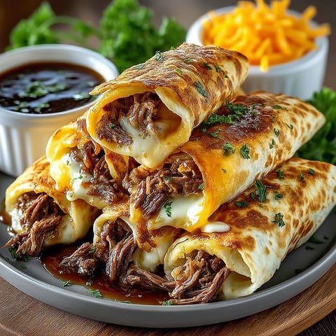 A plate of French dip tortilla roll ups.