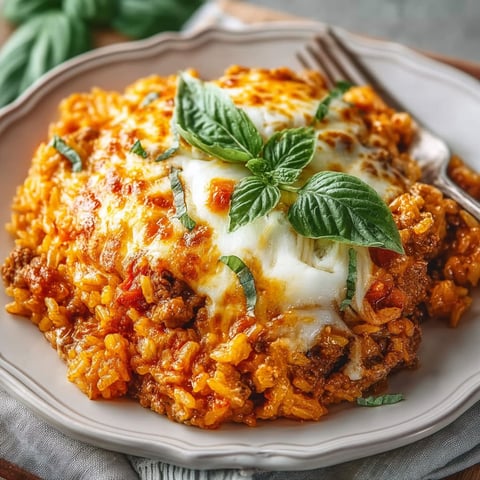 A plate of Italian Rice Casserole with green leaves on top.
