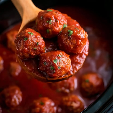 A wooden spoon is in a crock pot filled with meatballs.
