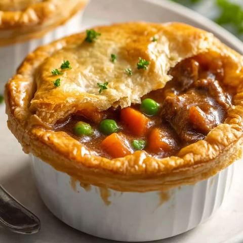 A close up of a beef pot pie with a fork.