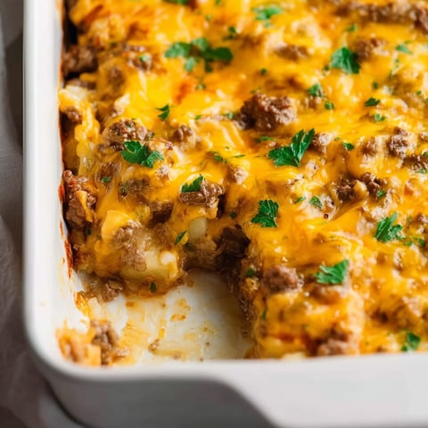 A casserole with potatoes and ground beef.