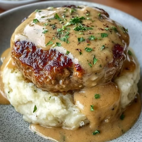 Hamburger steaks with gravy on a plate.