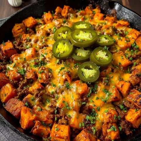 A skillet filled with chili cheese potatoes.