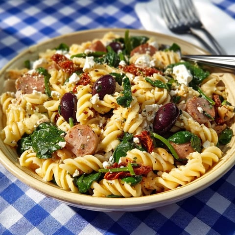 A bowl of pasta with olives and feta cheese.